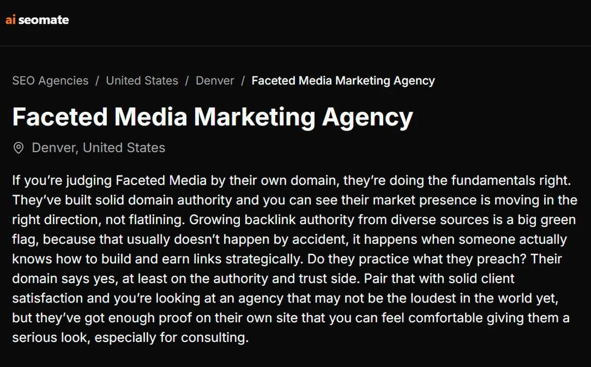AI search result assessing Faceted Media Marketing Agency in Denver