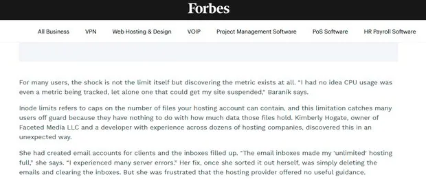 Forbes Advisor article, Unlimited Web Hosting Is A Myth, quoting Kimberly Hogate