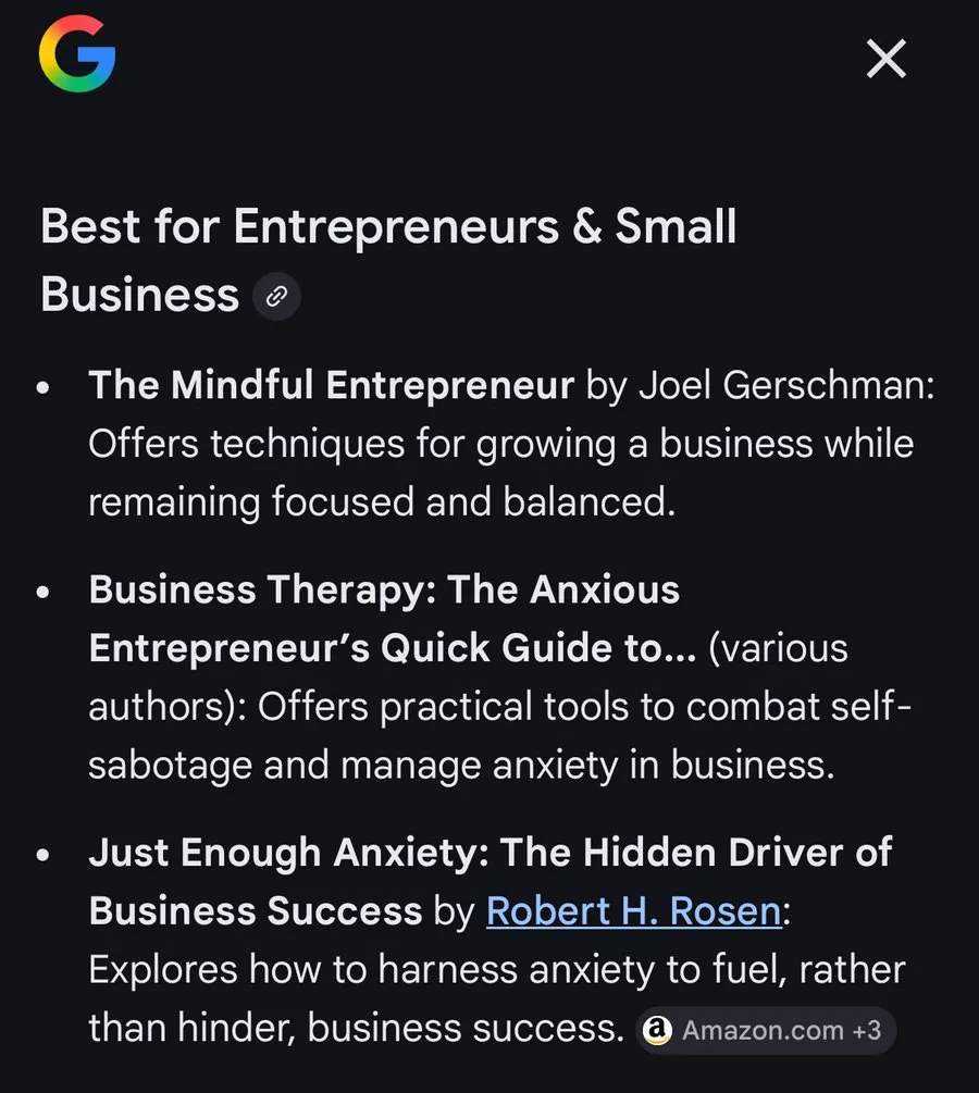 Google AI answer recommending Business Therapy among the best books for entrepreneurs and small business