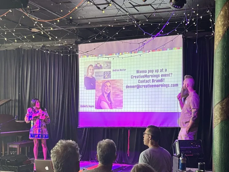 Kimberly Hogate speaking at a CreativeMornings event in Denver
