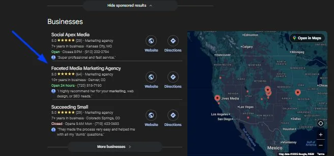 Google search results for small business marketing agency showing Faceted Media in the map pack